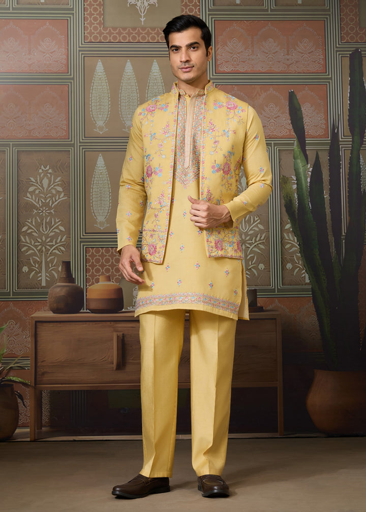 Mustard Yellow Mens Wear Koti Style with Silk Kurta and Pajama