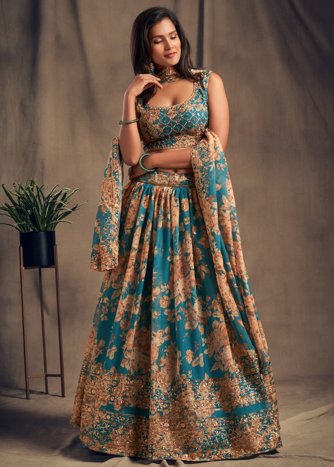Teal Blue Organza Lehenga Sequins Zari Embroidery Work