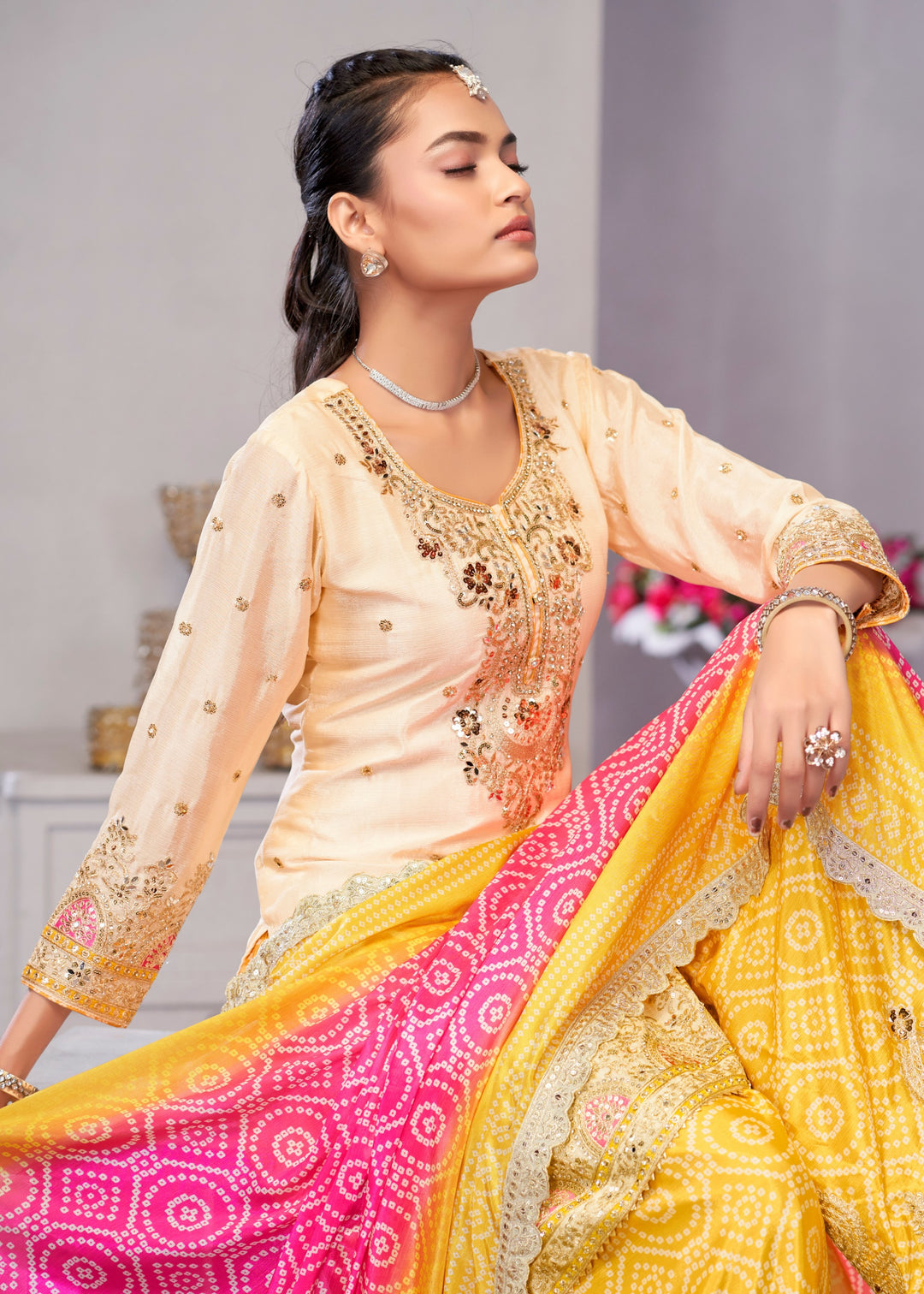 Yellow And Pink Chinon SIlk Plazo Suit With Embroidered Work