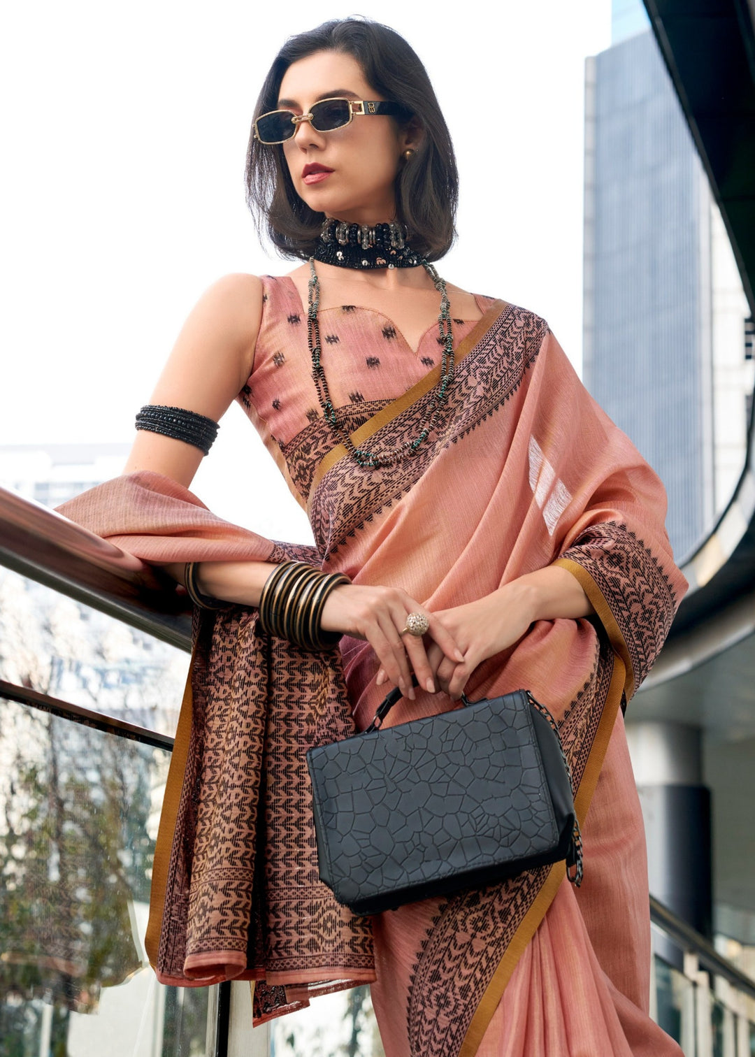 Peach Pink Linen Tissue Silk Saree