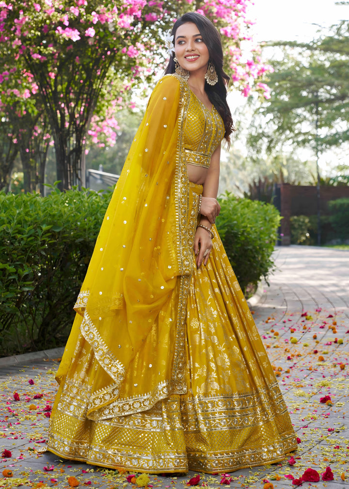Yellow Sequins and Zari Embroidery Work Silk Lehenga