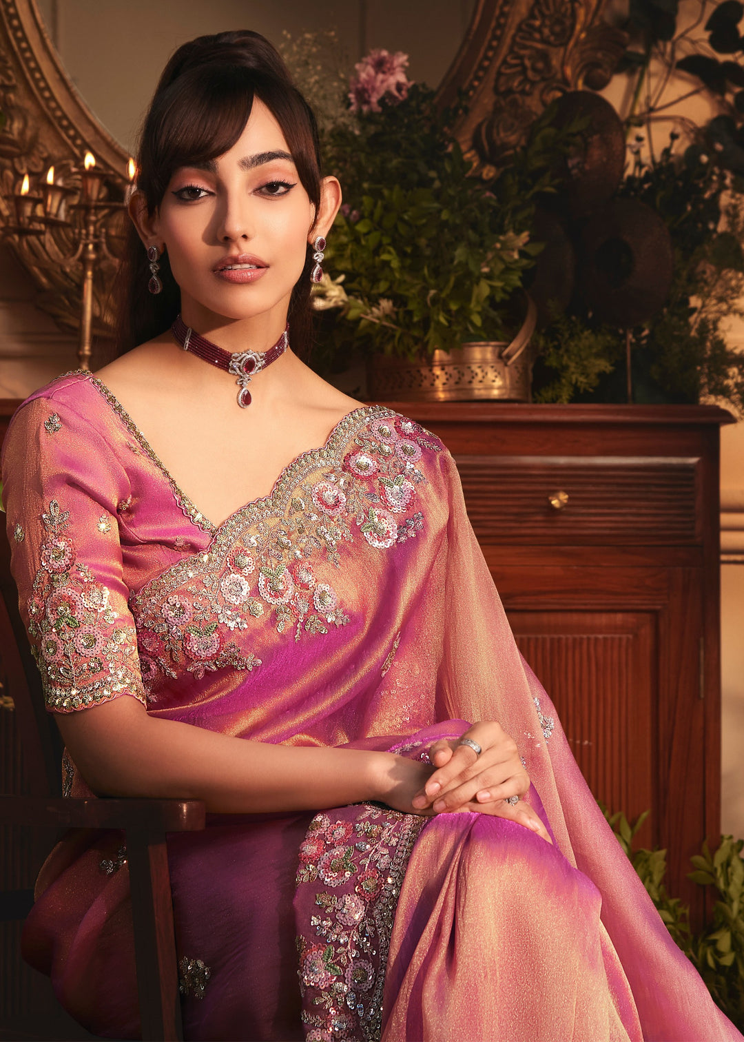 Deep Rose Pink Tissue Organza Saree With Heavy Embroidery