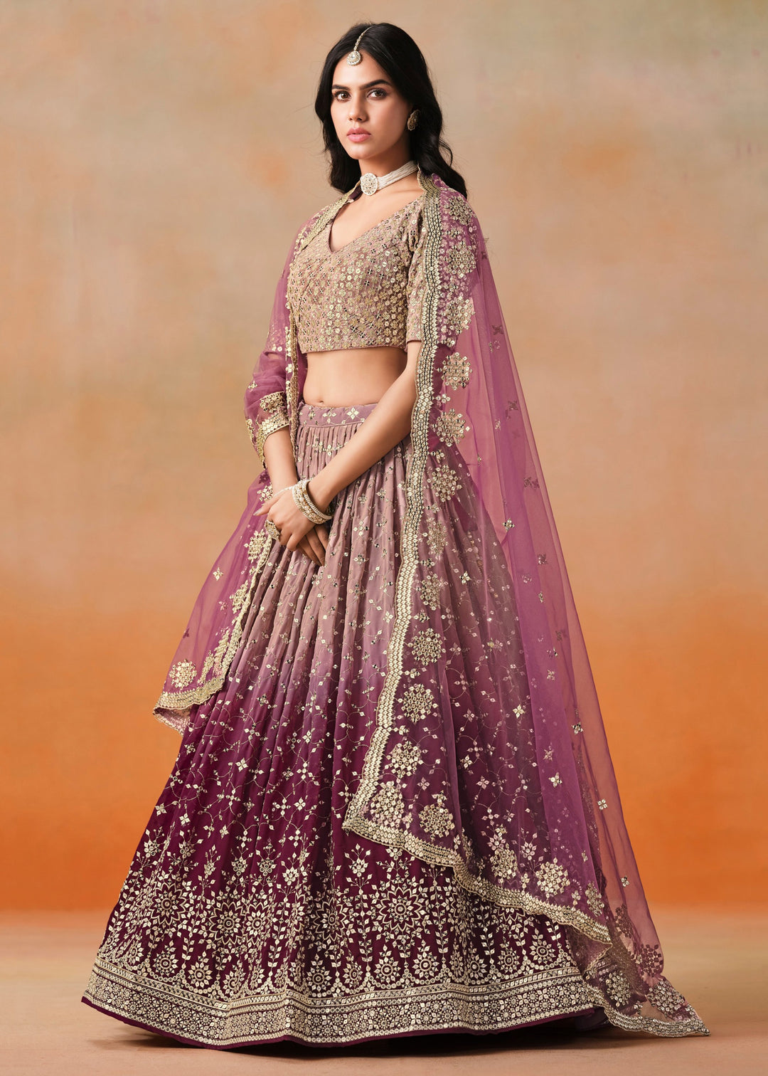Maroon Sequins Zari Embroidered Work Georgette Lehenga