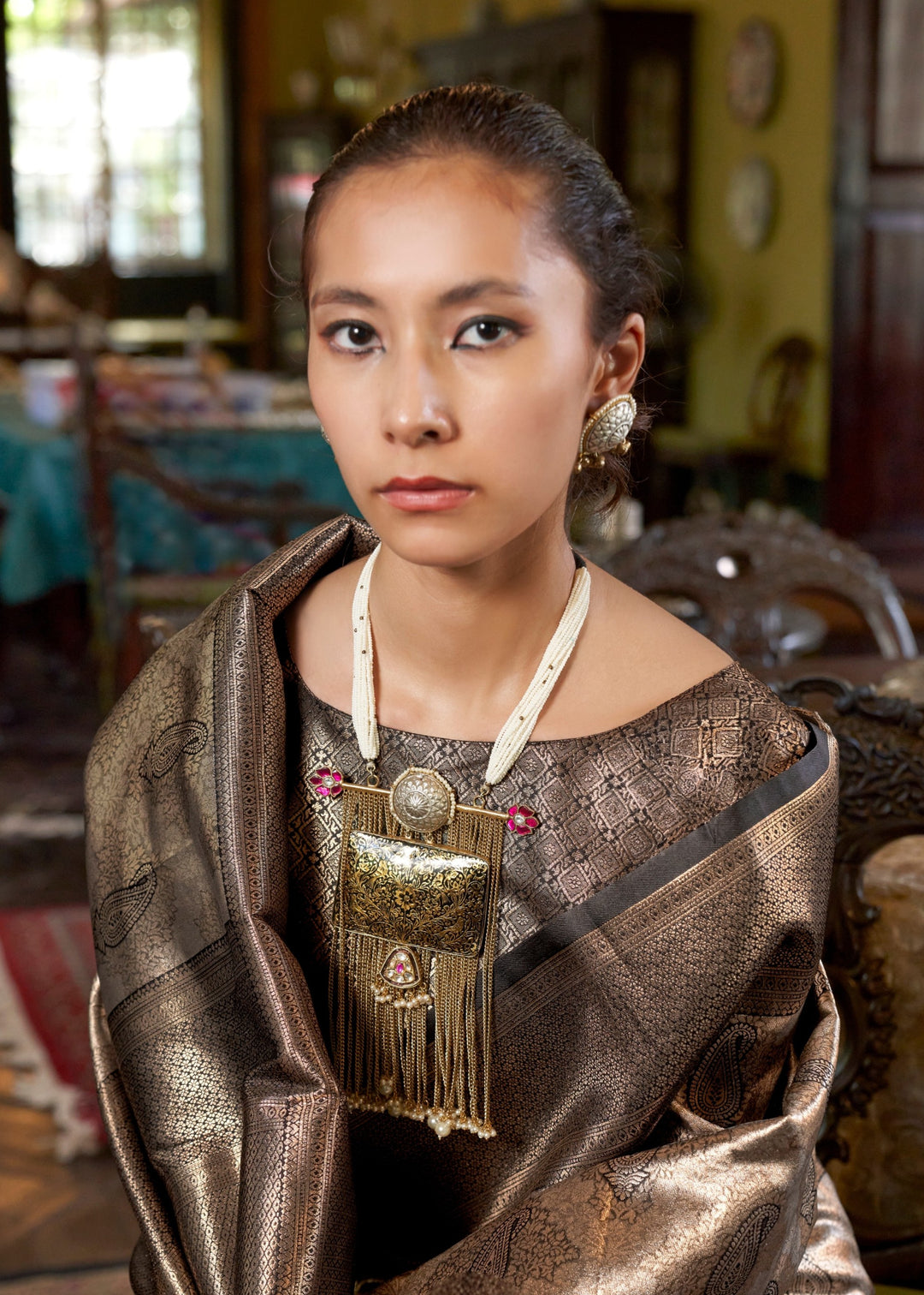 Copper Pure Handloom Dharmavaram Weaving Silk Saree