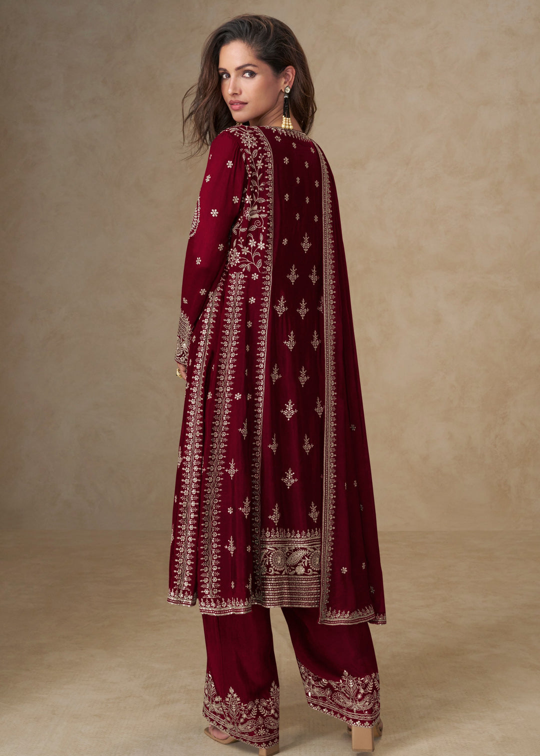Garnet Red Chinon Silk Suit With Embroidery Work
