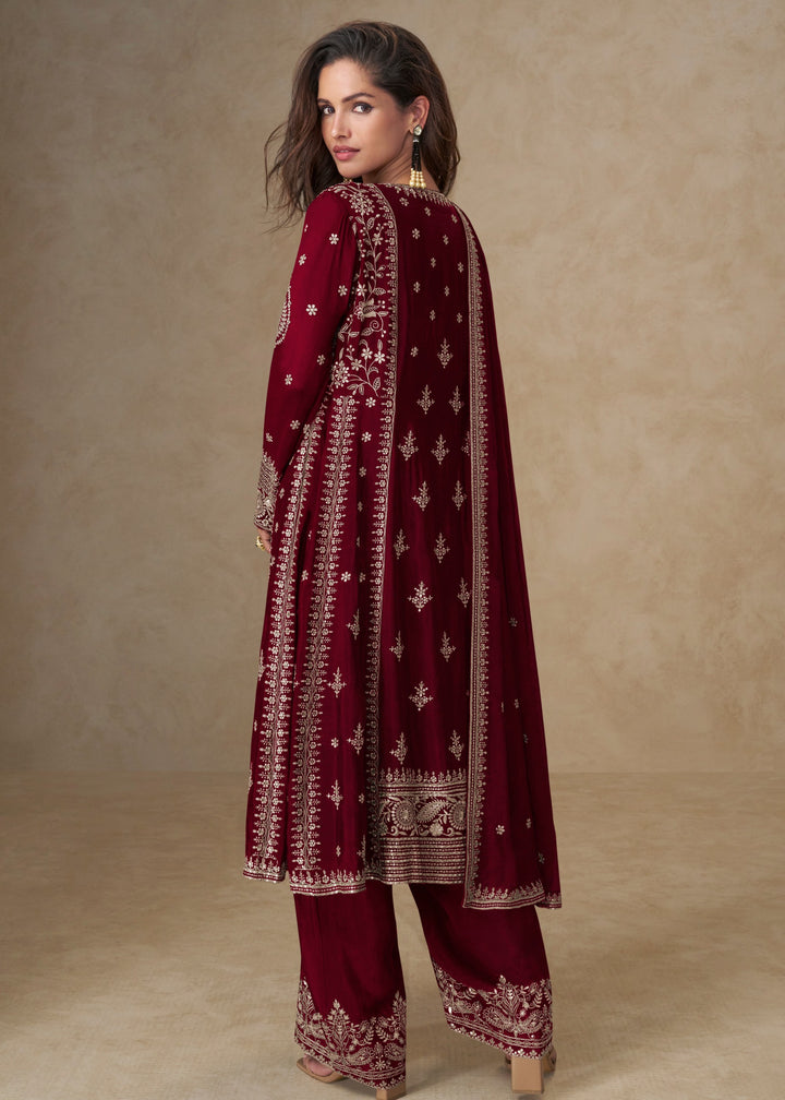 Garnet Red Chinon Silk Suit With Embroidery Work