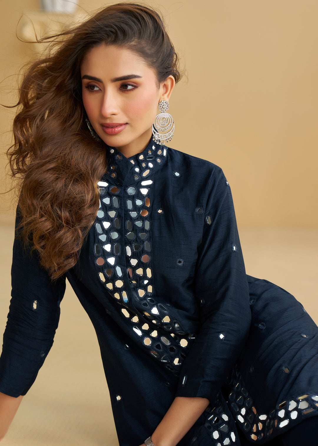 Navy Blue Silk Palazzo Suit With Silver Mirror