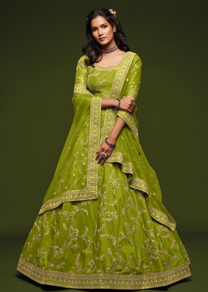 Avocado Green Silk Lehenga Choli with Thread,Zari,Dori & Sequins work