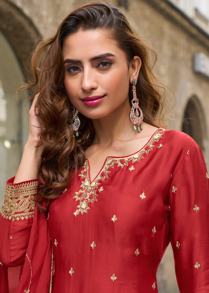 Cherry Red Chinon SIlk Palazzo Suit With Embroidered Work : Top Pick