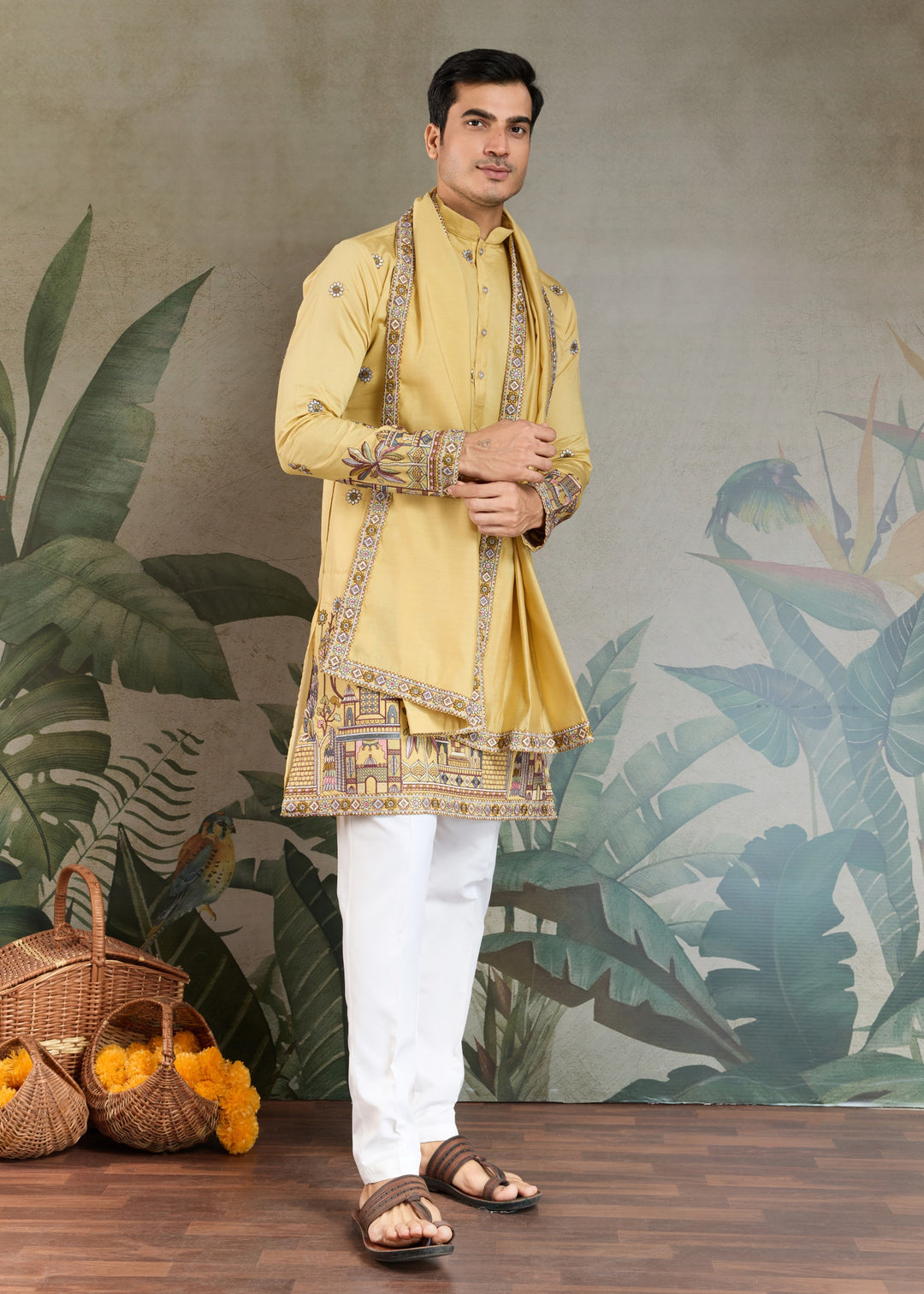 Daffodil Yellow Viscose Silk Kurta Set With Thread & Sequins Embroidered Work