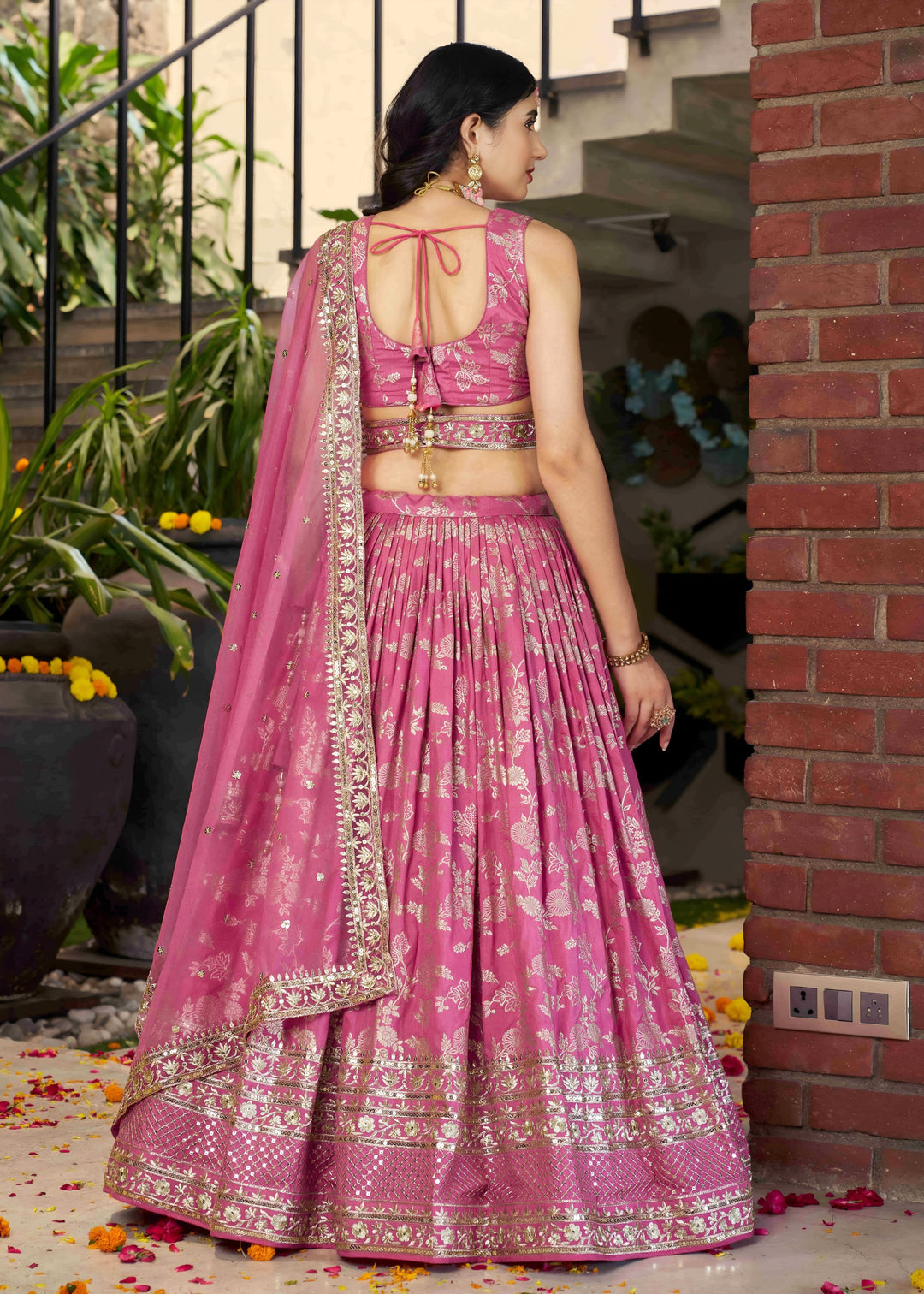 Pink Sequins and Zari Embroidery Work Silk Lehenga