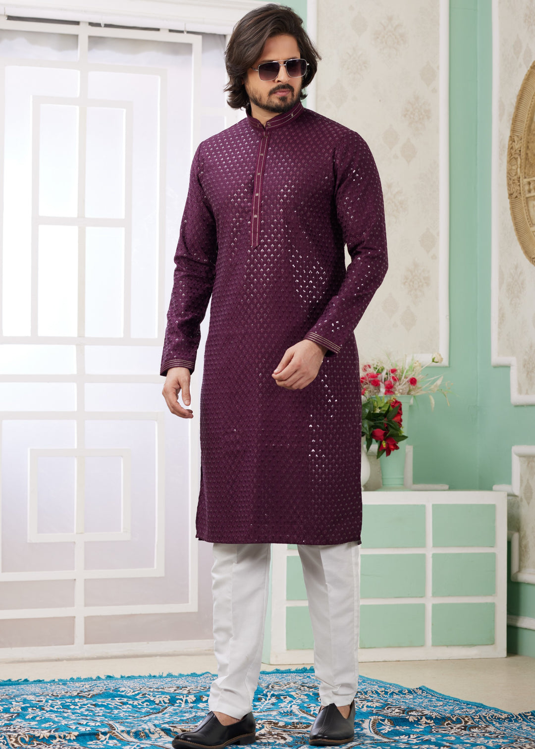 Wine Purple Silk Mens Kurta Set With Thread Embroidery Work