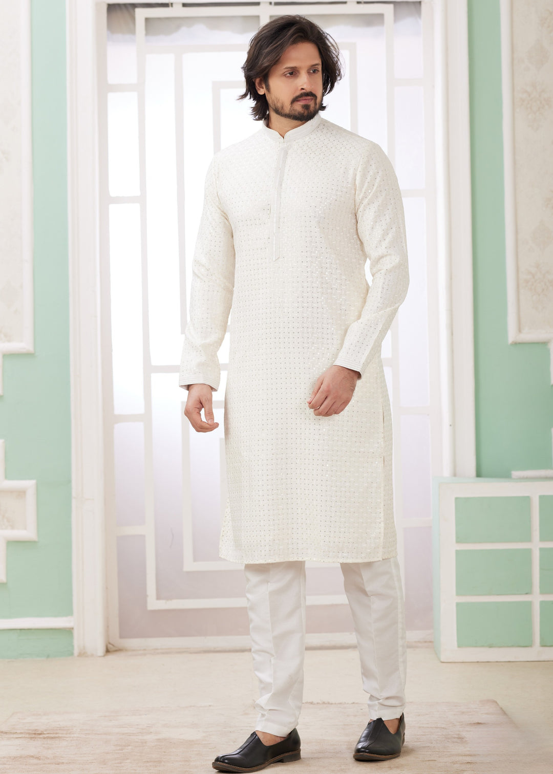 Pearl White Silk Kurta Set With Thread Embroidery Work