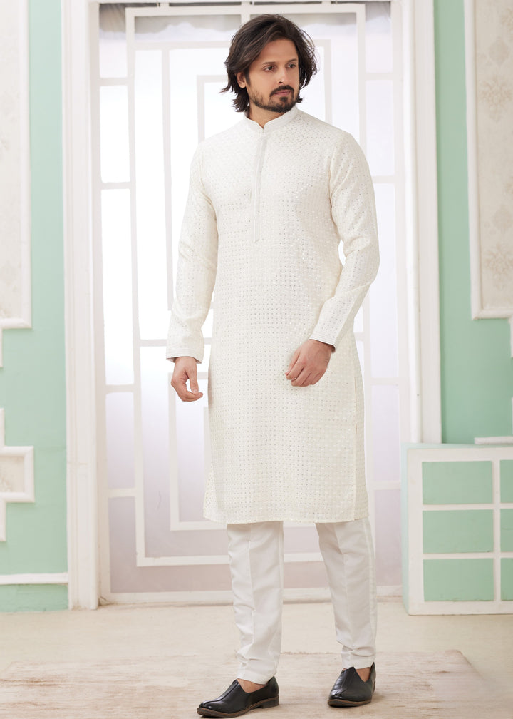 Pearl White Silk Kurta Set With Thread Embroidery Work