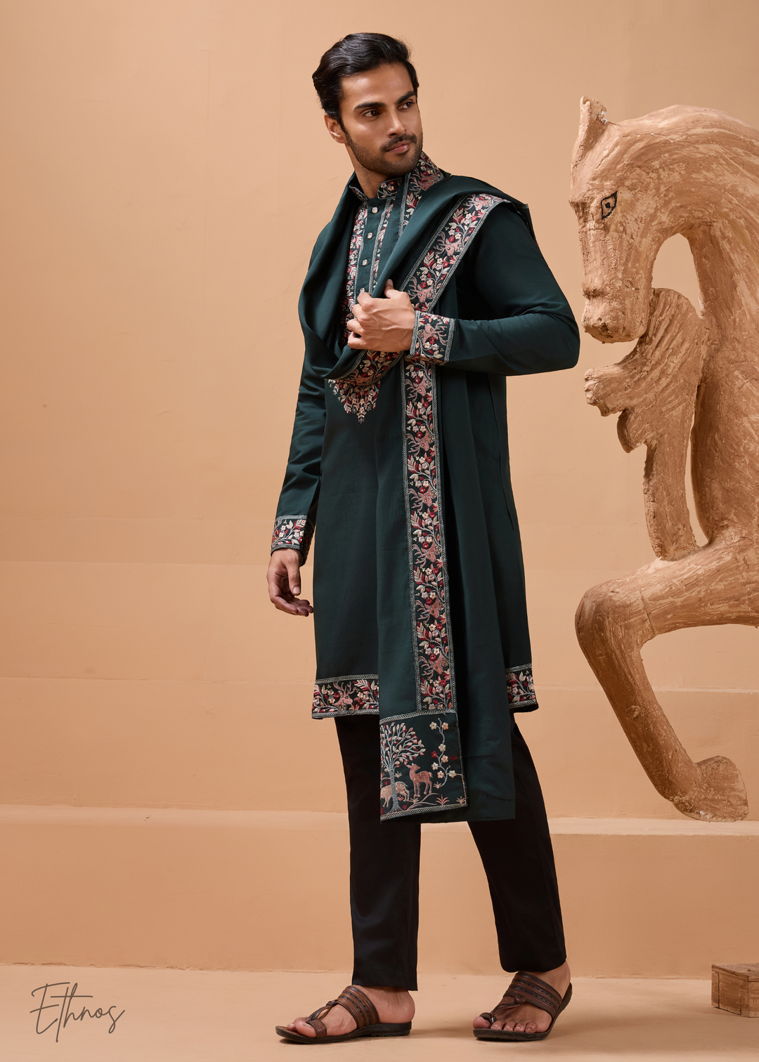 Green Mens Wear Silk Kurta With Pant And Dupatta