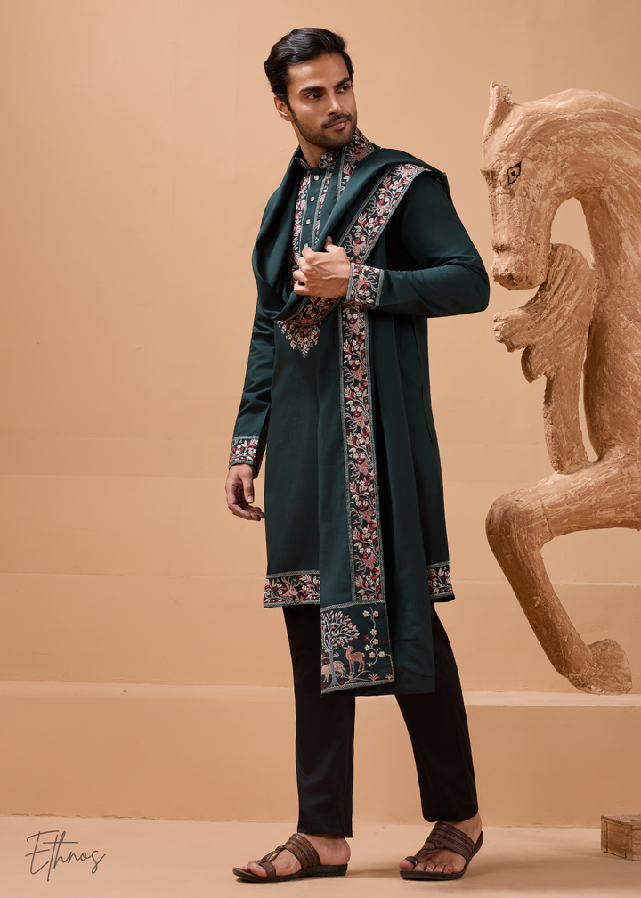 Green Mens Wear Silk Kurta With Pant And Dupatta
