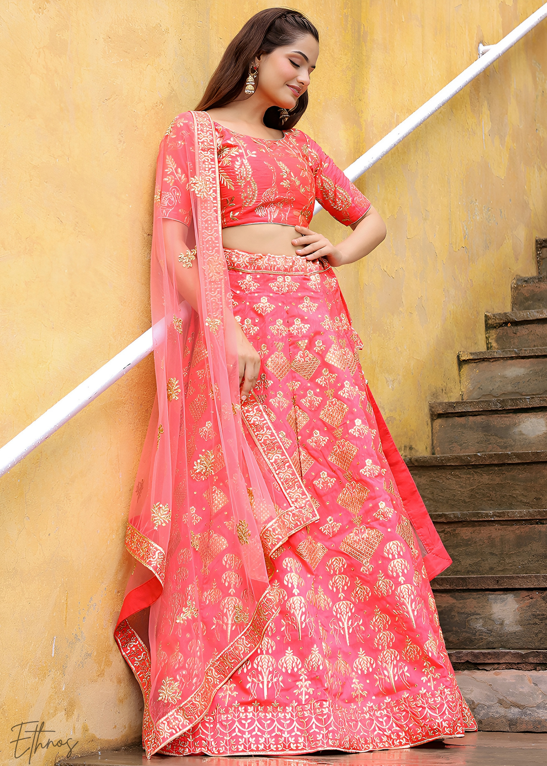 Peach Pink Slub Silk Lehenga With Dupatta