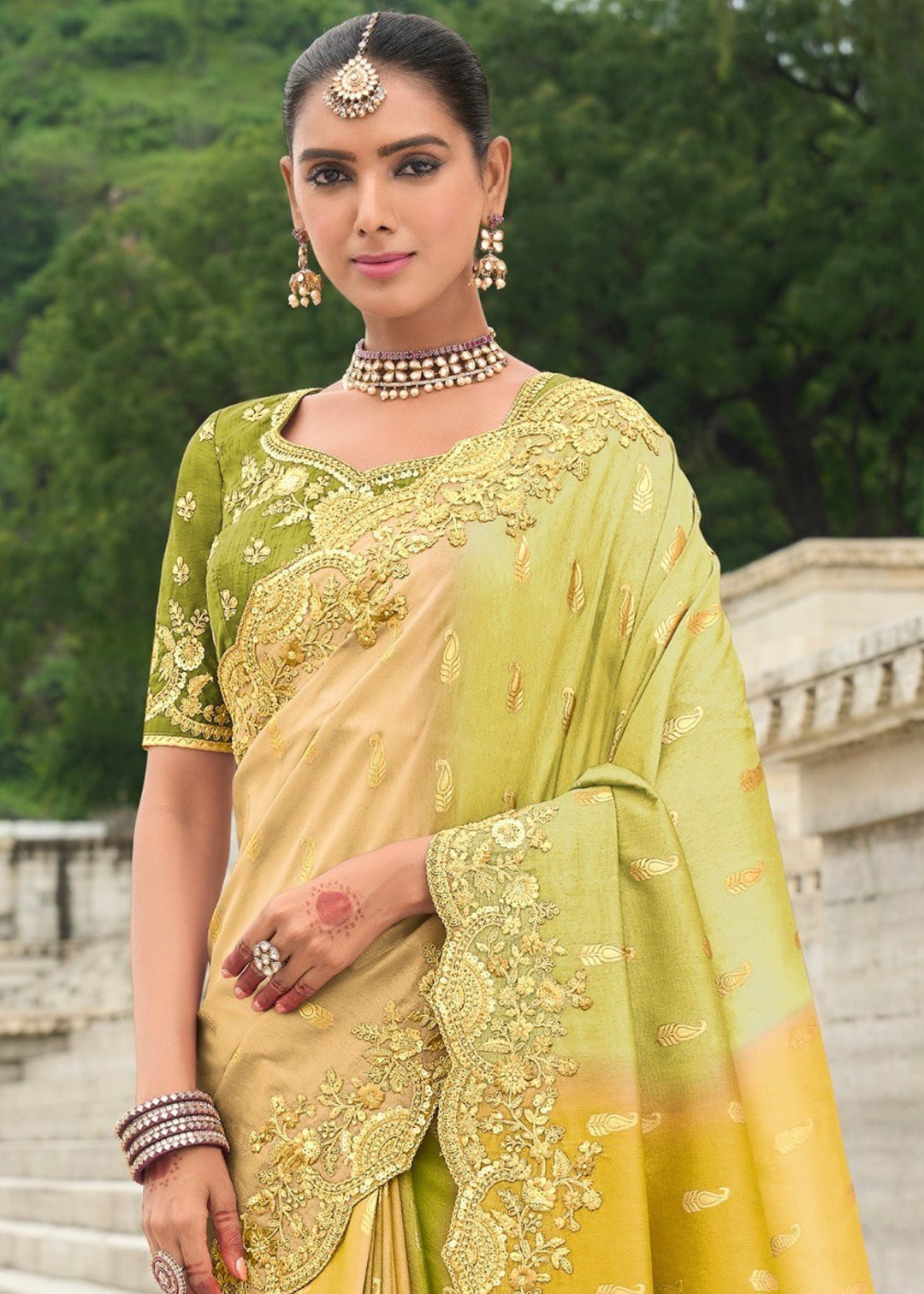 Yellow and Lime Silk Saree With Embroidery Cut and Butti Work