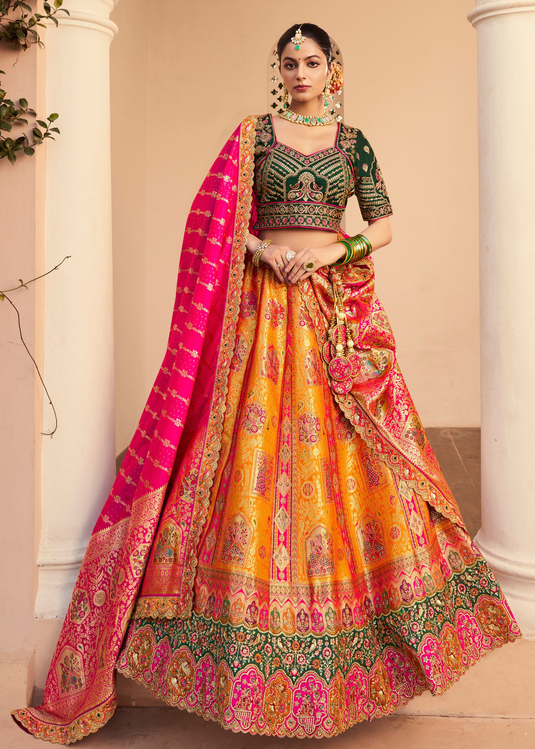 Warm Orange Banarasi Silk Lehenga With Golden Zari Work