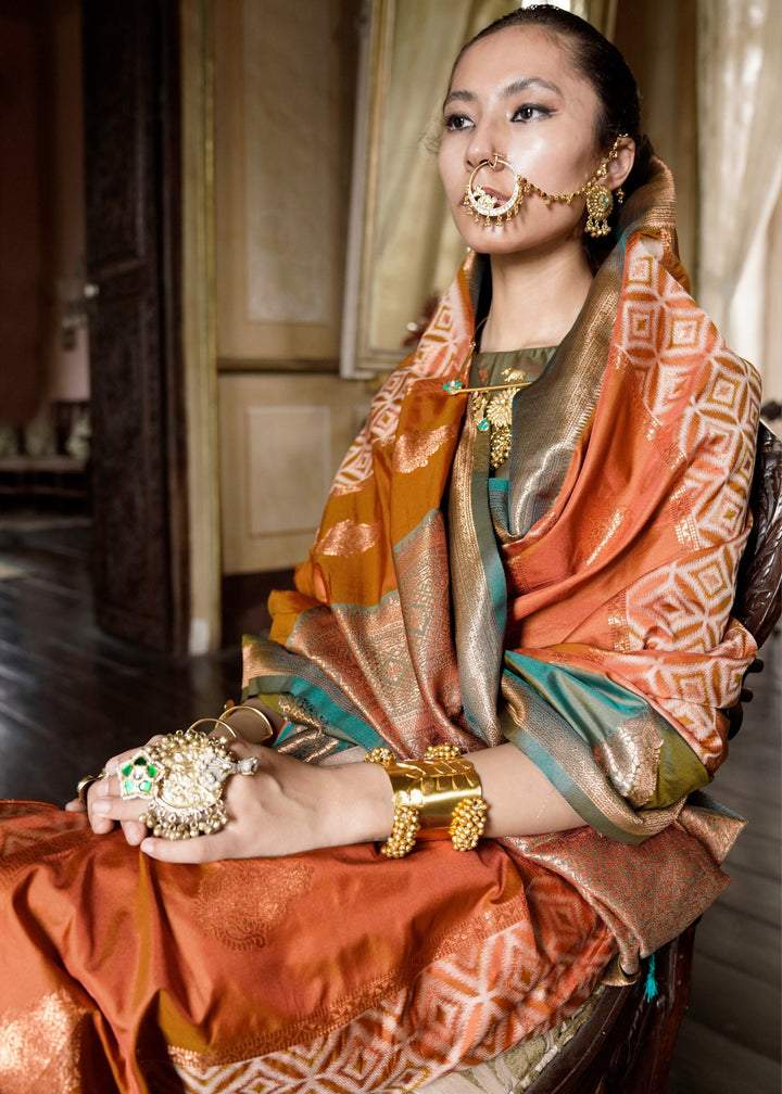 Rust Orange Pochampally Handloom Silk Saree