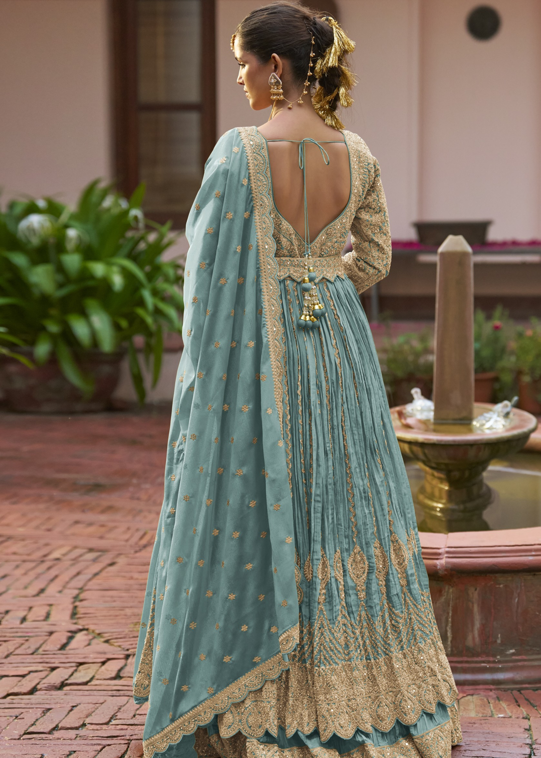 Turquoise Teal Chinon Salwar Suit