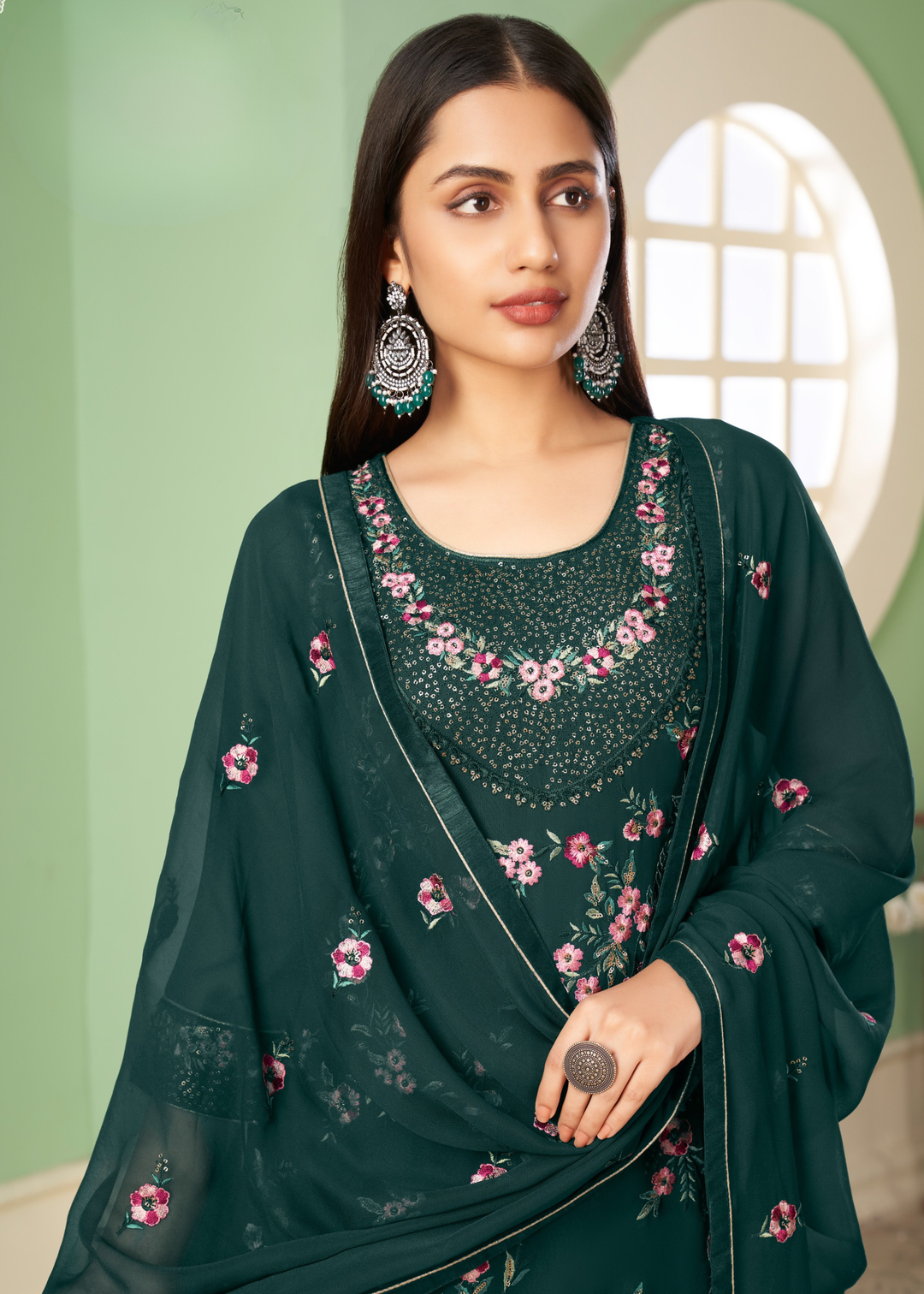 Pine Green Georgette Salwar Suit with Multi Colour Thread Embroidery & Sequence work