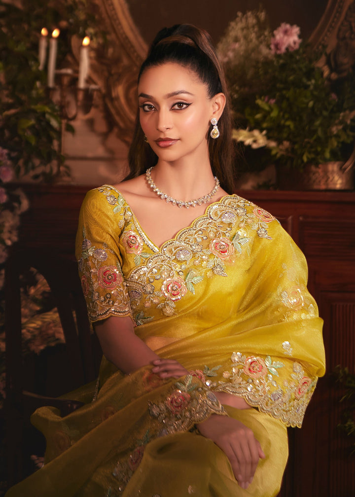 Mustard Yellow Tissue Organza Saree With Heavy Embroidery