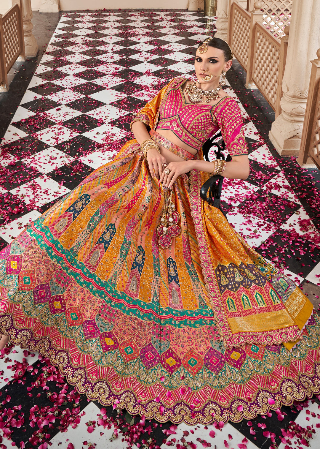 Mustard Yellow Banarasi Silk Lehenga with Zarkan & Cutwork