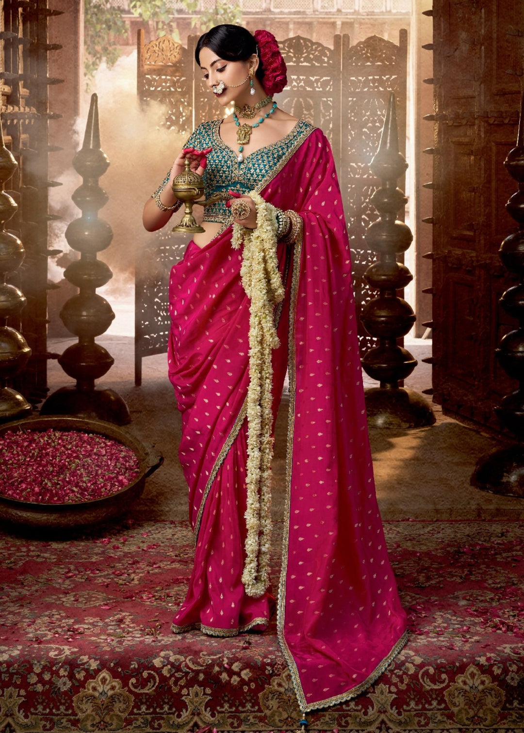 Red Pink Pure Viscous Crepe based fabric with Hand dying & Butti weaving Saree