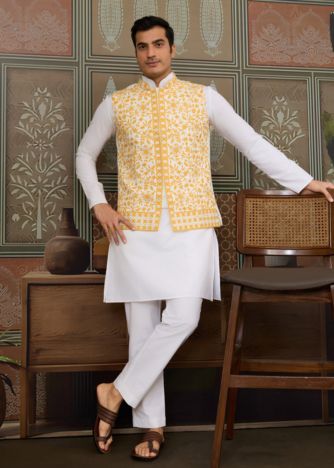 White Kurta And Pant With Sunflower Yellow Embroidered Nehru Jacket