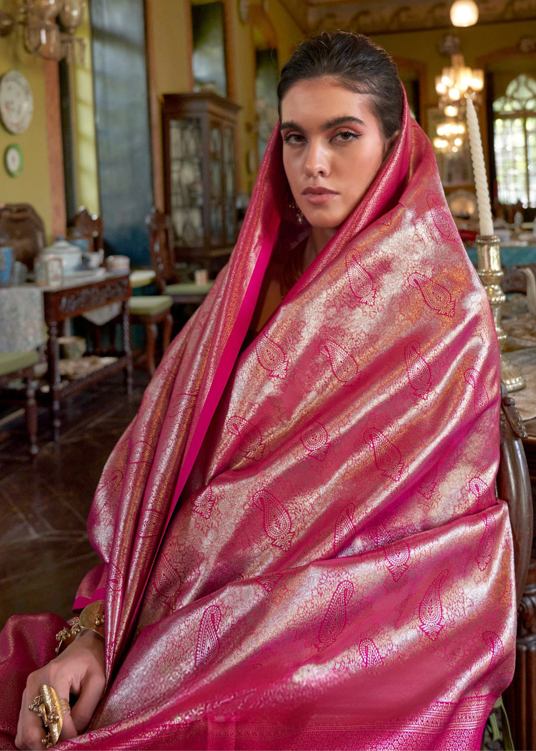 Pink Pure Handloom Dharmavaram Weaving Silk Saree