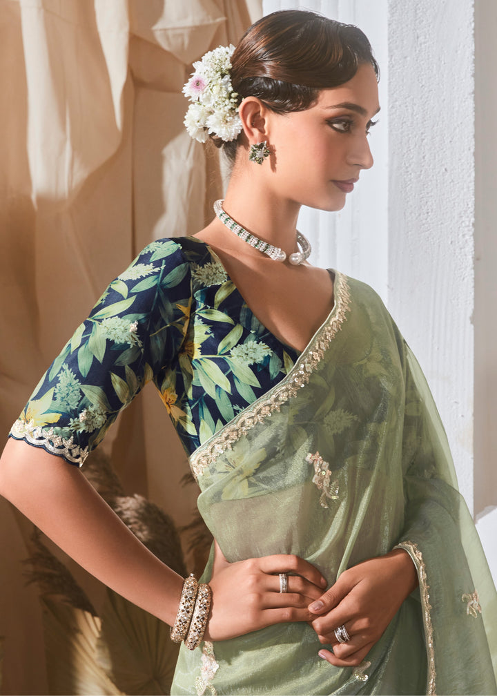 Mint Green Fancy Silk Saree With Printed Blouse