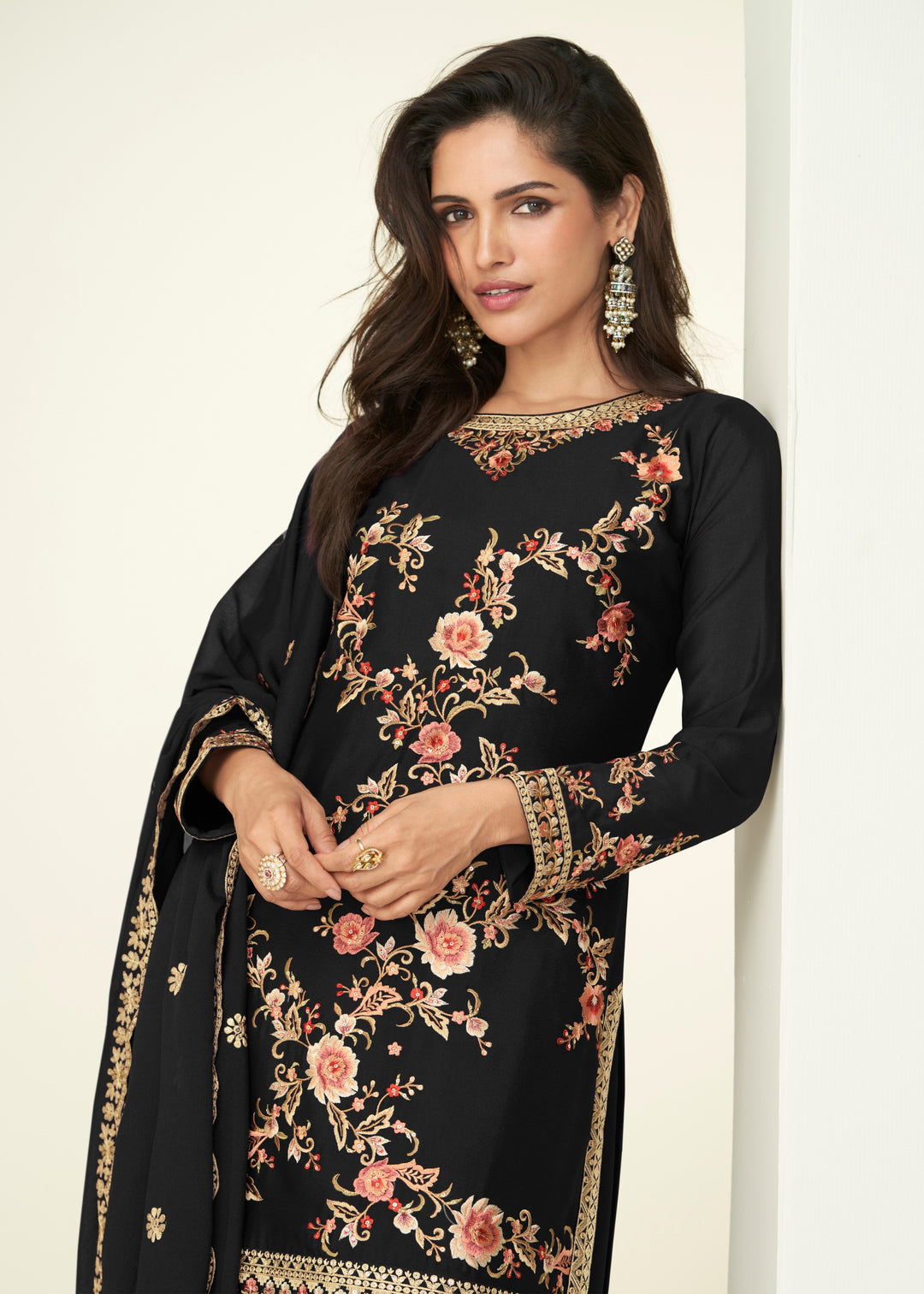 Raven Black Chinon SIlk Plazo Suit With Embroidered Work
