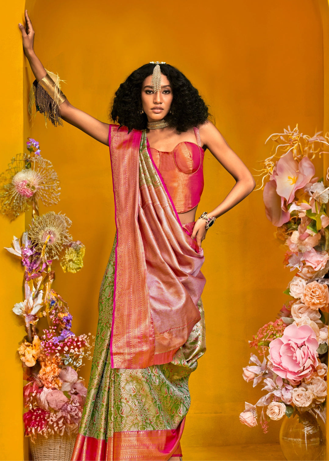 Red And Green Pure Dharamavaram Silk Saree