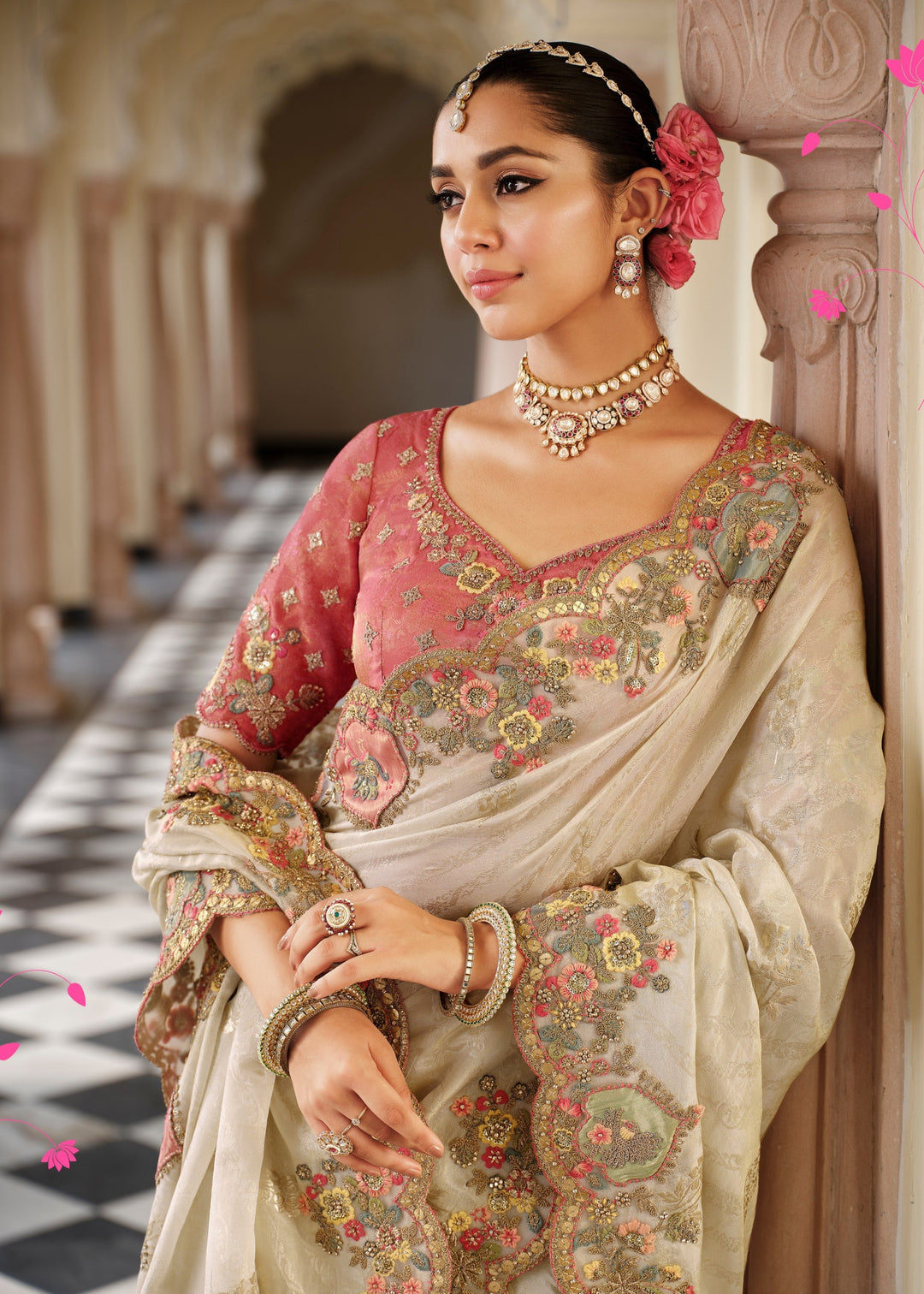 Pastel Cream with Peach-Pink floral border Silk Saree