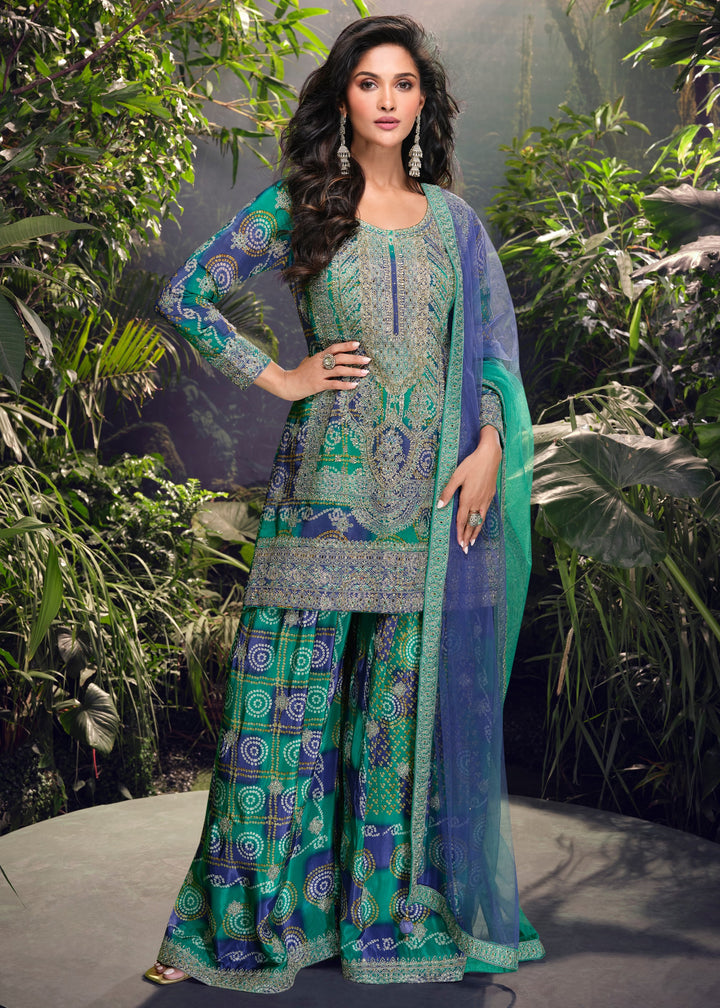 Peacock Blue Chinnon Silk Plazo Suit With Mirror & Thread Embroidered Work