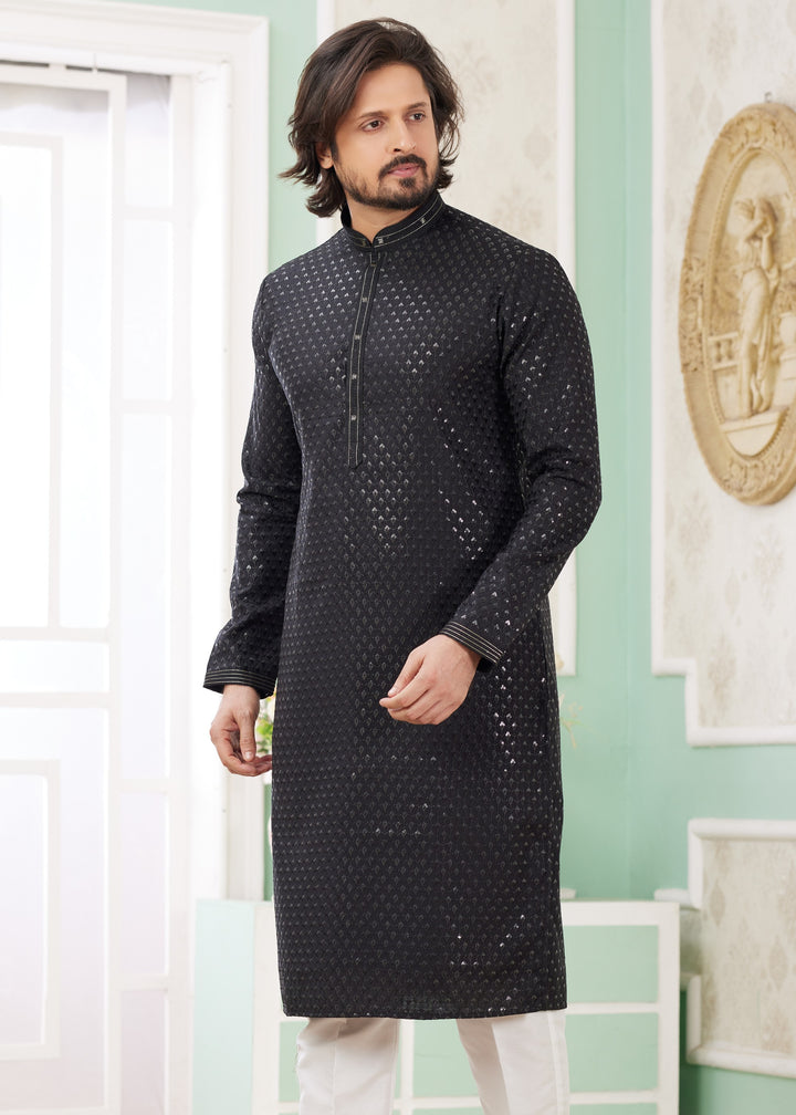 Black Silk Mens Kurta Set With Thread Embroidery Work