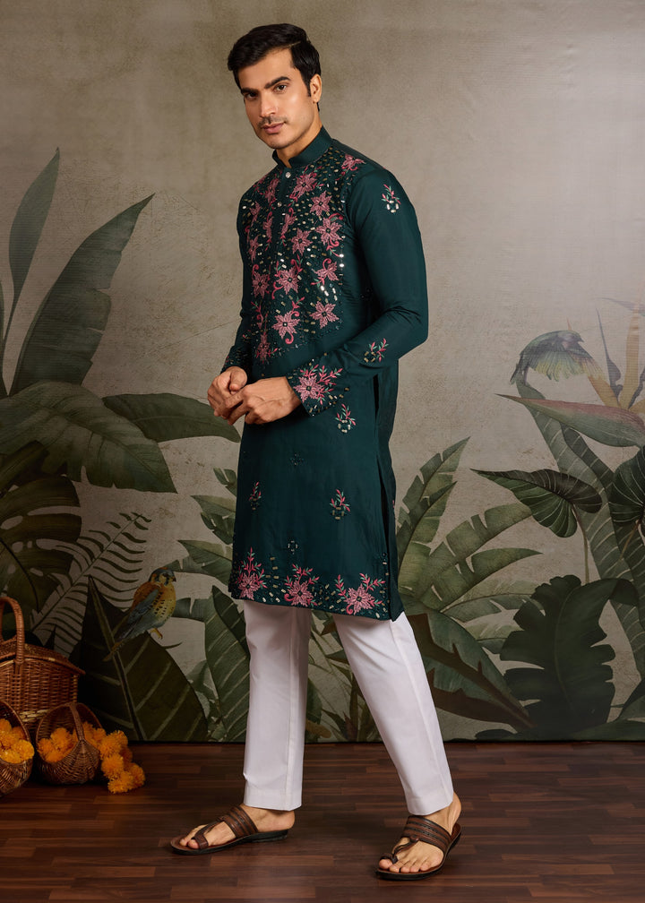 Forest Green Mens Wear Silk Kurta with Pant