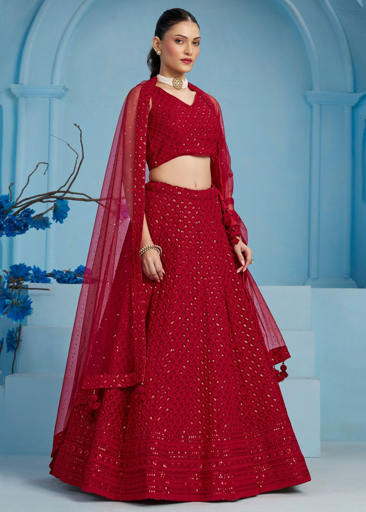 Red Georgette Lehenga With Sequins and Thread Embroidered Work