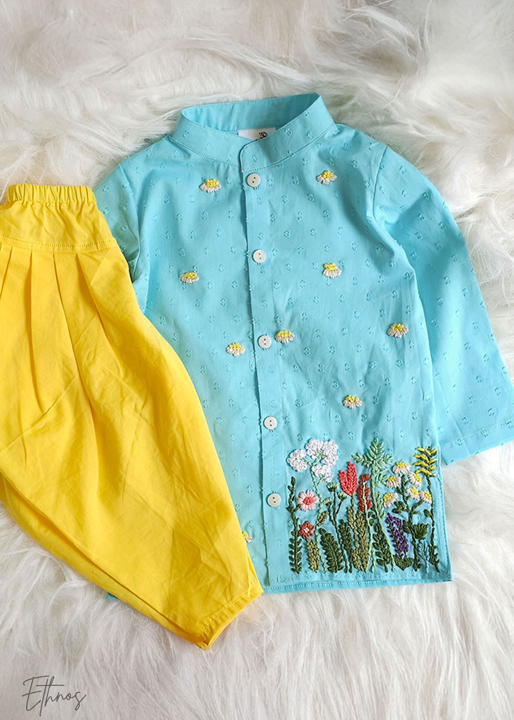 Organic Cotton Blue Kurta with Patiyala Pants - Garden