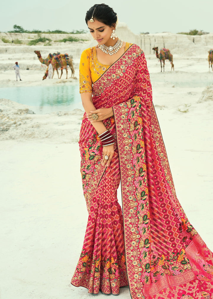 French Pink Georgette Bandhej Saree With Moti & Cut-Dana Handwork Border