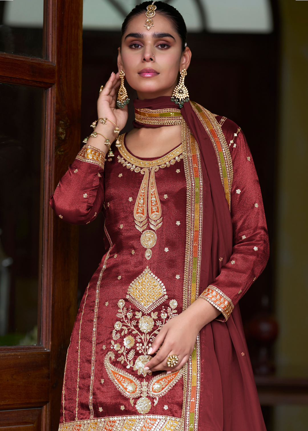 Maroon Red Simmer Silk Palazzo Suit With Embroidered Work