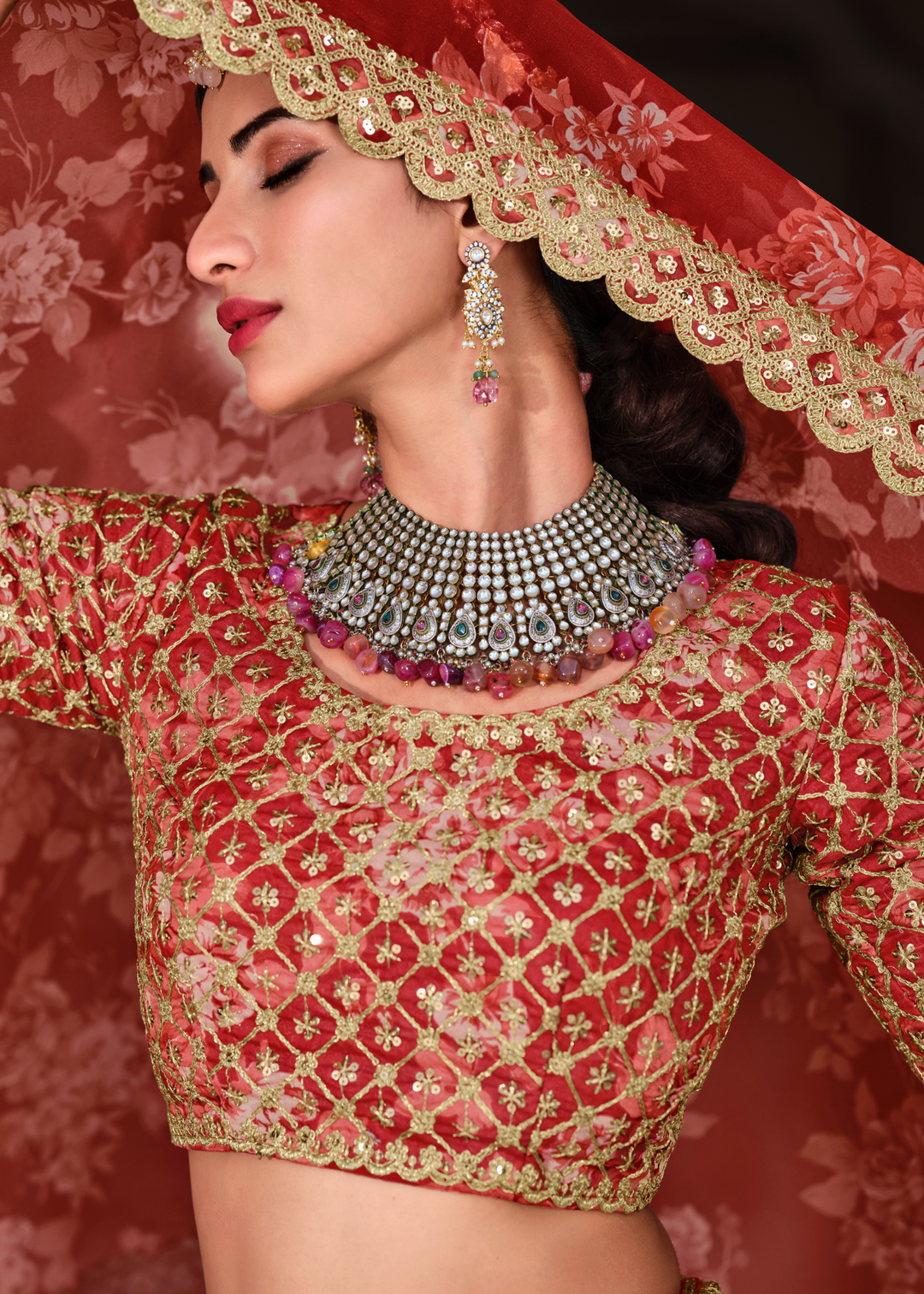 Carmine Red Floral Printed Organza Lehenga with Zari, Dori & Sequins Work