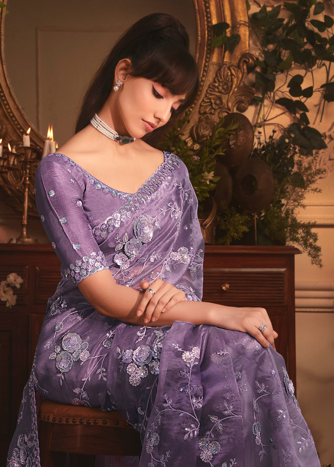 Lavender Purple Tissue Organza Saree With Heavy Embroidery