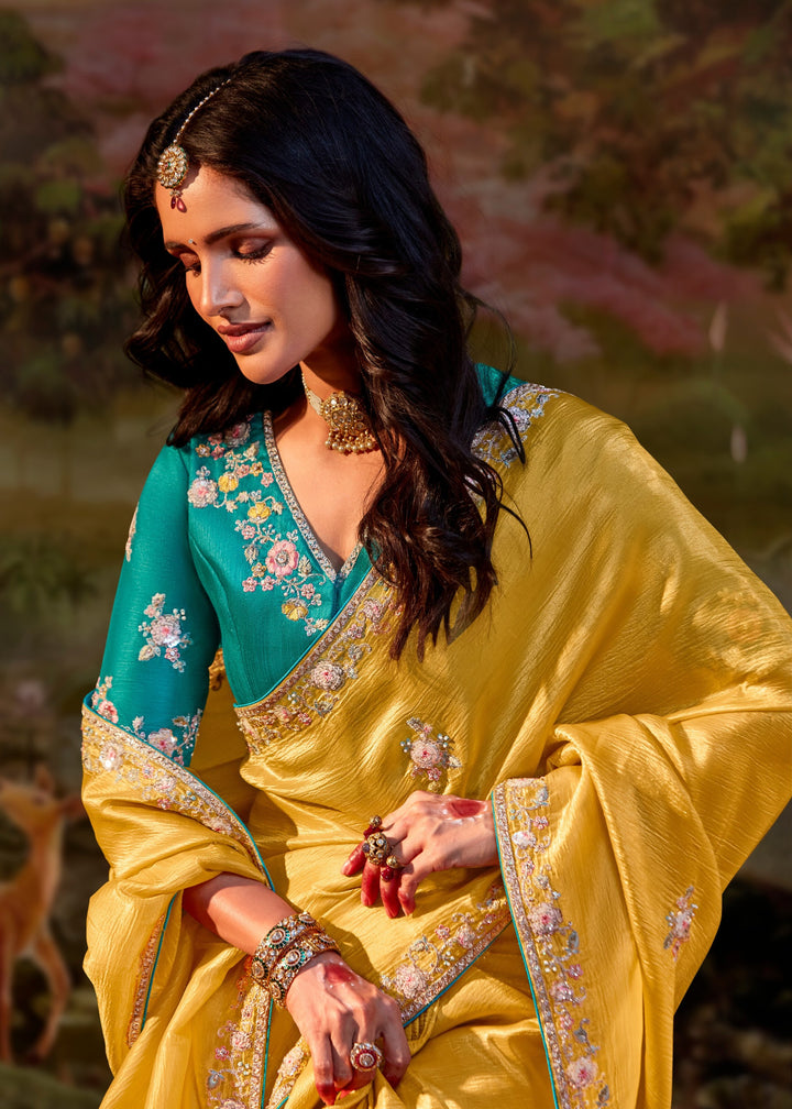 Torquise And Mustard Saree With Embroidery And Handwork Designer Cut Border