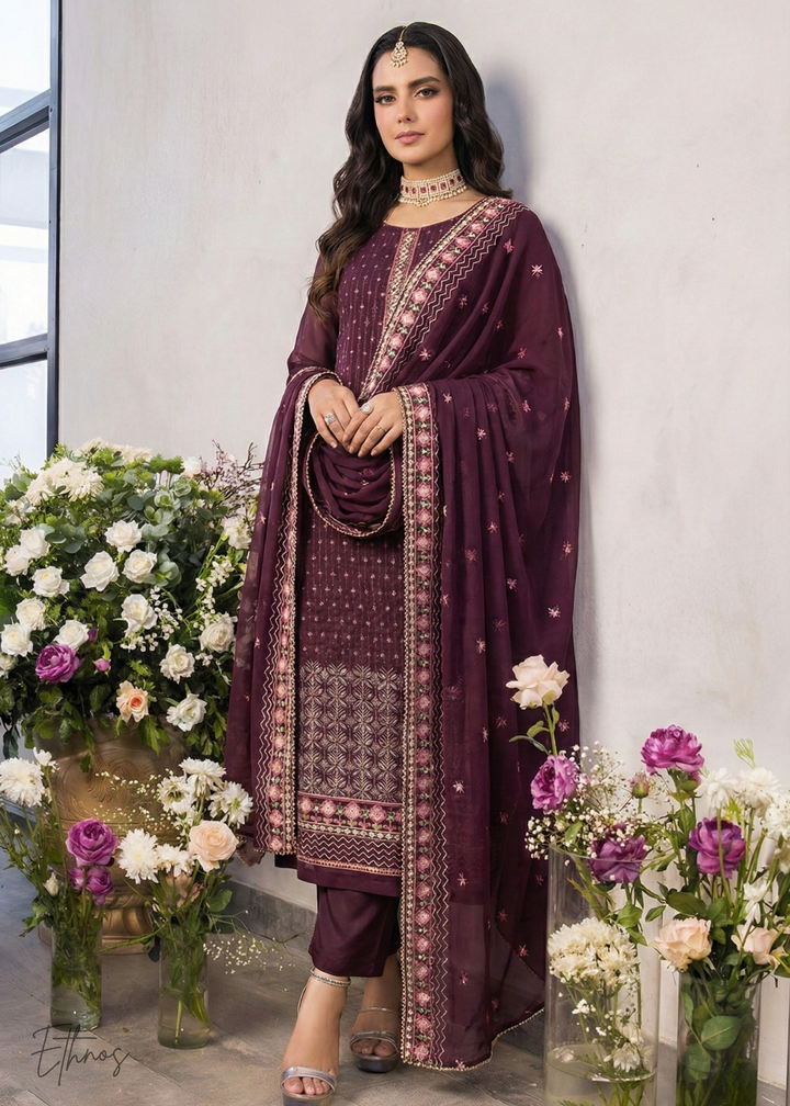 Wine-Plum with Muted Gold Embroidery Pant Suit