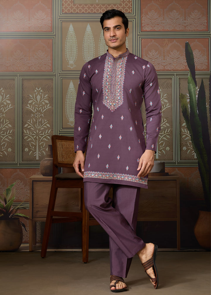 Purple Mens Wear Koti Style with Silk Kurta and Pajama