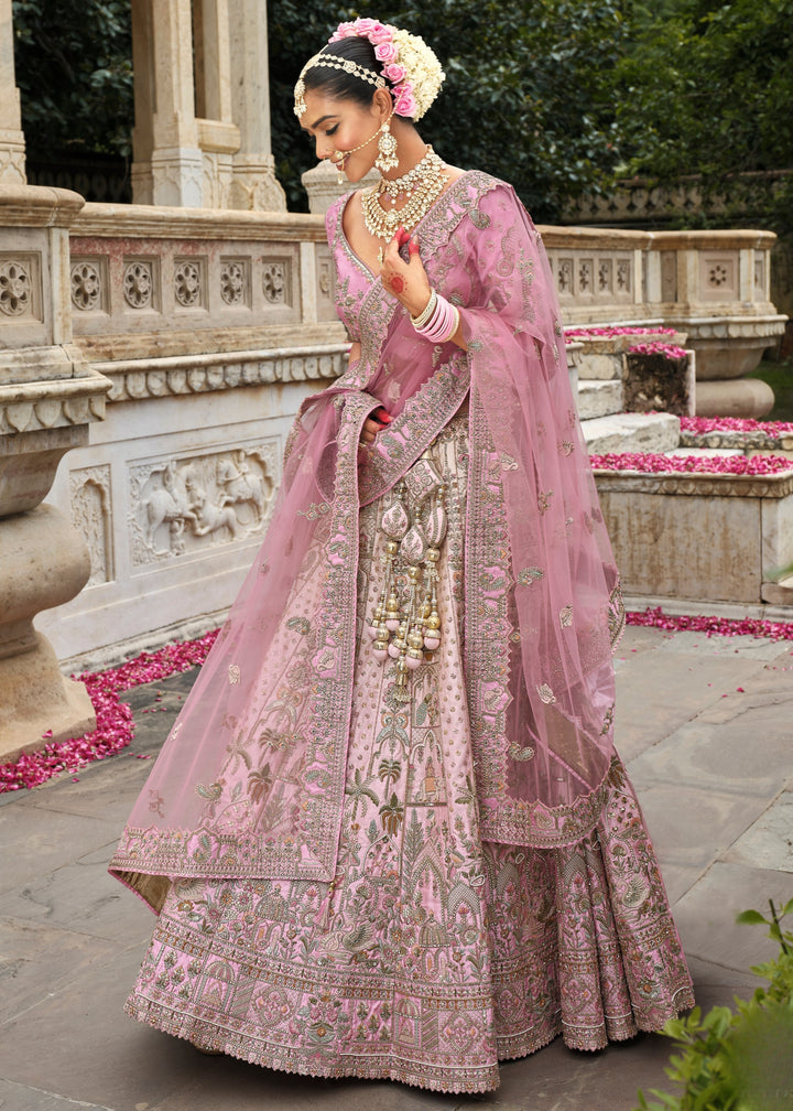 Pastel Pink Heavy Bridal Silk Lehenga With Khatli And Embroidery Work