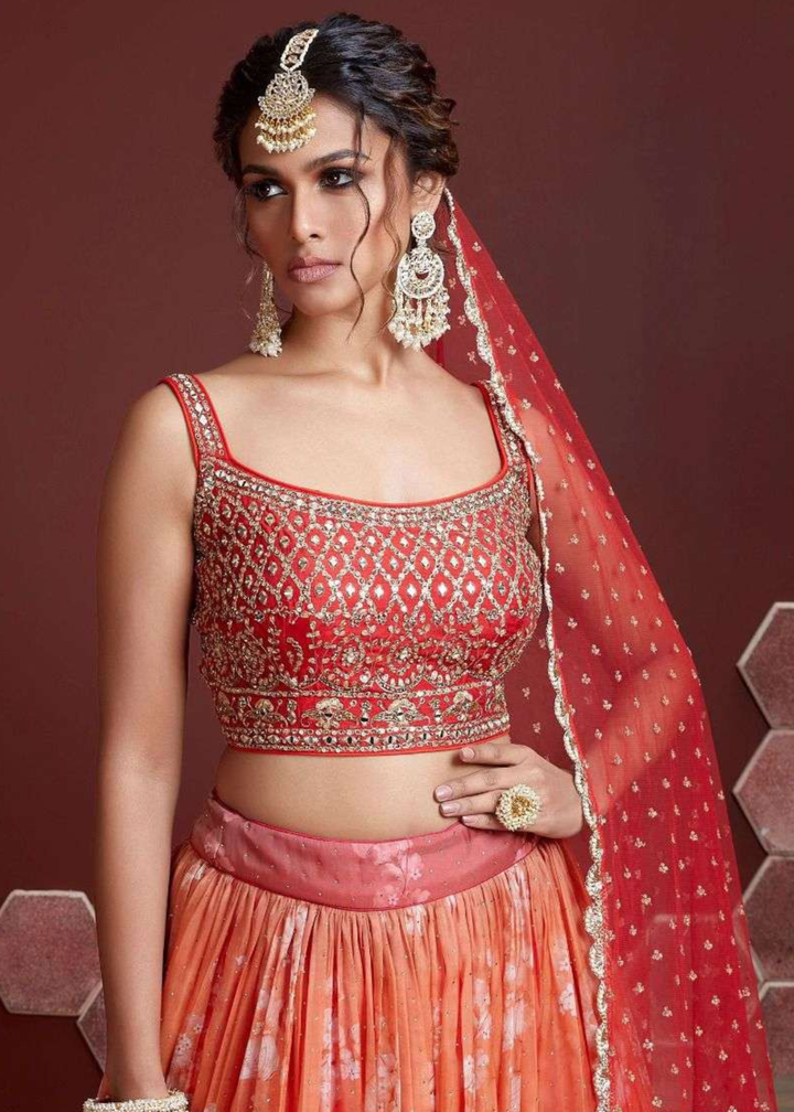 Shades Of Red Floral Printed Organza Silk Lehenga Choli with Swarovski & Mirror work
