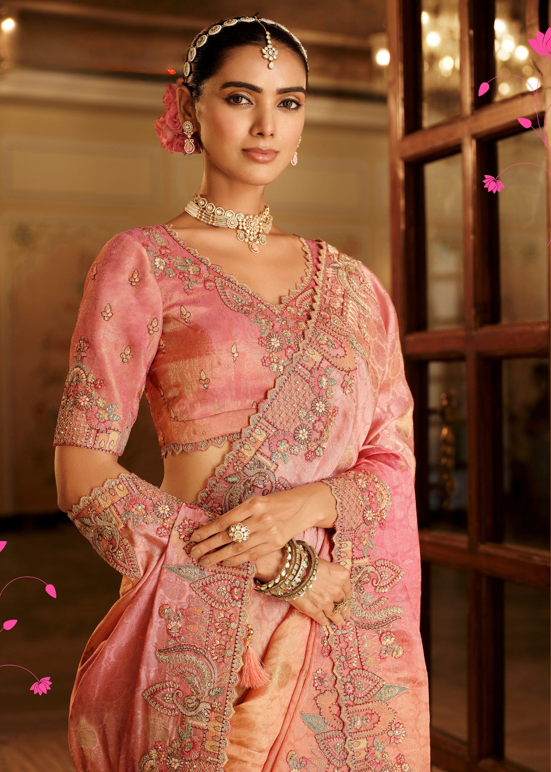 Peach & Coral Ombre With Silver-Grey Embroidery Silk Saree